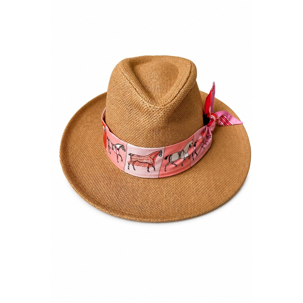 Women Kentucky Derby Panama Fedora Festival Straw Hat Tan Pink Horse Band NEW